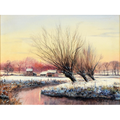 385 - Peter Bearman (1942-2017) - Winter in Norfolk, signed, oil on canvas, 29.5 x 38.5cm and two pictures... 