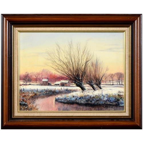 385 - Peter Bearman (1942-2017) - Winter in Norfolk, signed, oil on canvas, 29.5 x 38.5cm and two pictures... 