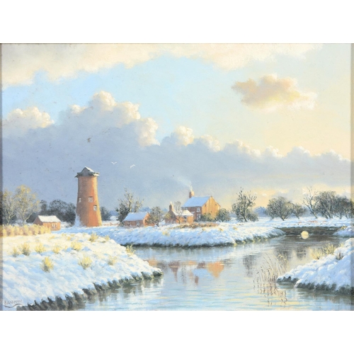 385 - Peter Bearman (1942-2017) - Winter in Norfolk, signed, oil on canvas, 29.5 x 38.5cm and two pictures... 