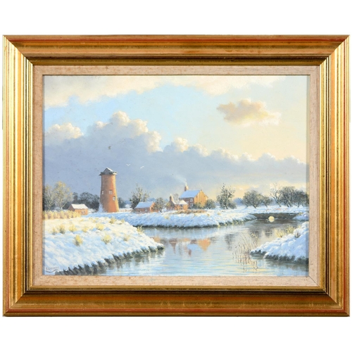 385 - Peter Bearman (1942-2017) - Winter in Norfolk, signed, oil on canvas, 29.5 x 38.5cm and two pictures... 