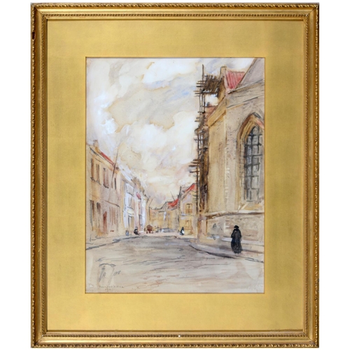 414 - Rowland H Hill (Fl. early 20th c) - Street Scene Bruges, signed and dated 1911, watercolour, 47 x 35... 