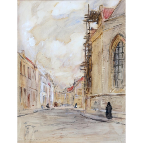 414 - Rowland H Hill (Fl. early 20th c) - Street Scene Bruges, signed and dated 1911, watercolour, 47 x 35... 