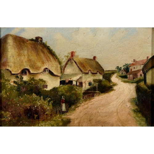 416 - English School, late 19th c - Thatched Cottages, oil on canvas, 19 x 29cm