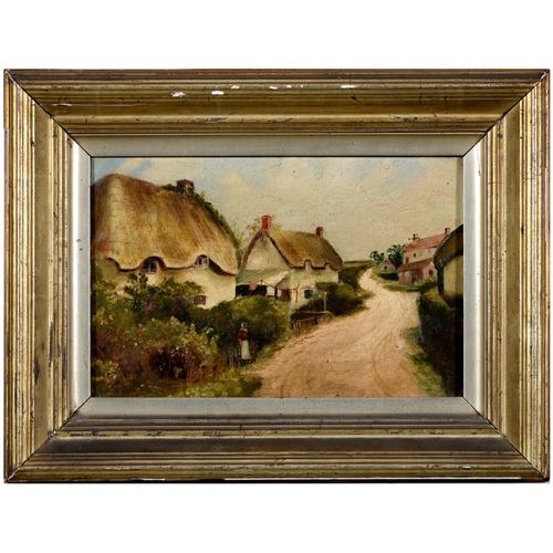 416 - English School, late 19th c - Thatched Cottages, oil on canvas, 19 x 29cm