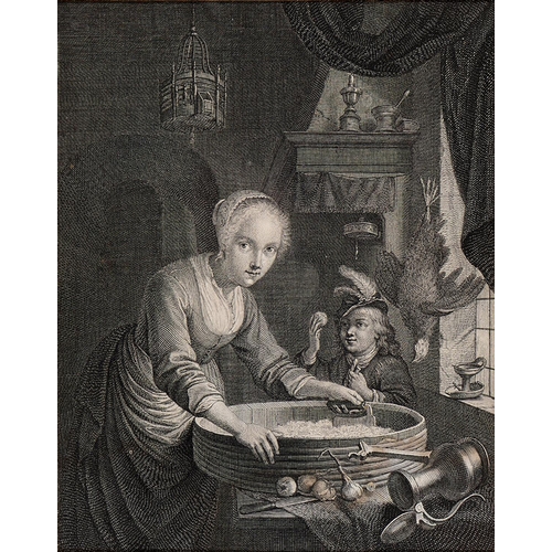 421 - Louis Surugue after Gerrit Dou - Girl Chopping Onions, engraving 1724, mounted to image, 21.5 x 17cm... 