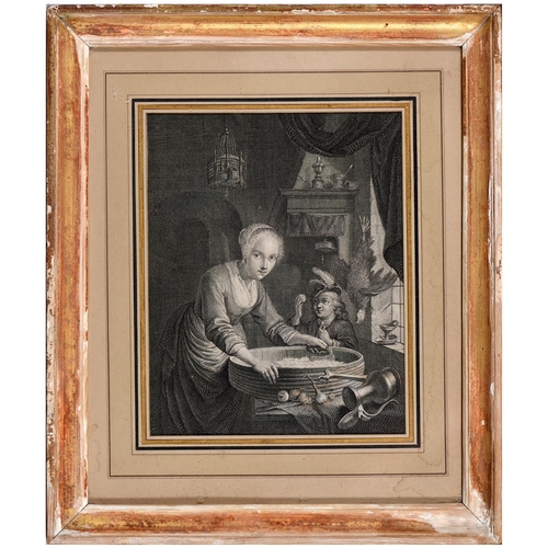 421 - Louis Surugue after Gerrit Dou - Girl Chopping Onions, engraving 1724, mounted to image, 21.5 x 17cm... 