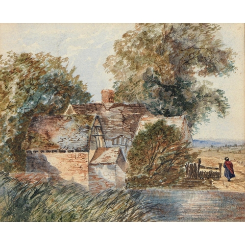 422 - Edmund Morison Wimpreys RI (1835-1900) - A Woman on a Path by a Mill, signed with initials, watercol... 