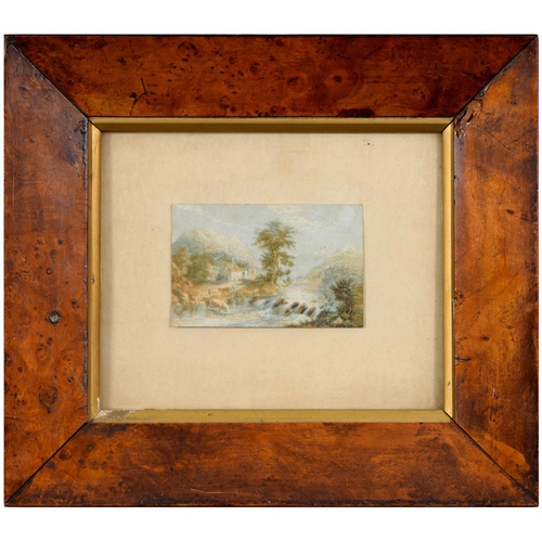 428 - 19th c School - Mountainous Landscape, watercolour, 60 x 90mm, in contemporary bird's eye maple fram... 