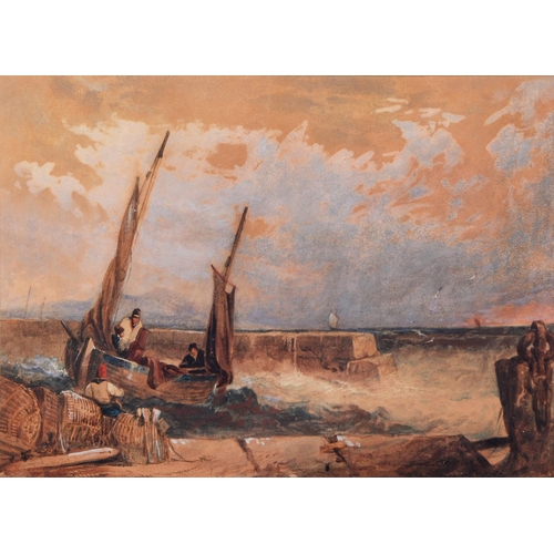 436 - Attributed to Charles Bentley OWS (1806-1854) - Fishermen and their Boats in a Harbour, bears initia... 