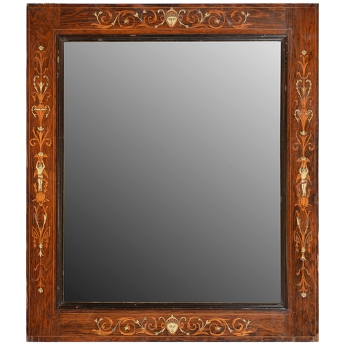 451 - An Edwardian inlaid rosewood mirror, the flat surround decorated in satinwood and ivory with penwork... 