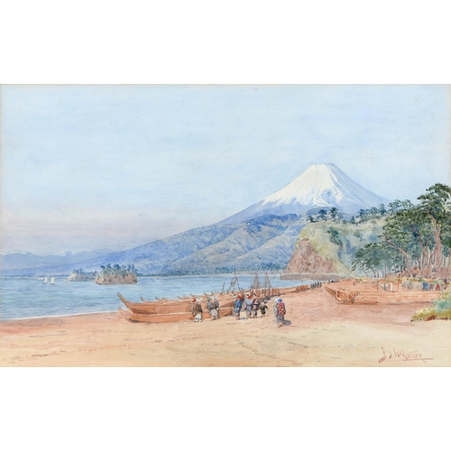 458 - Bunsai Loki (1863-1906) - Lake Scene with Mount Fuji, signed and inscribed Nikko, watercolour, 31 x ... 