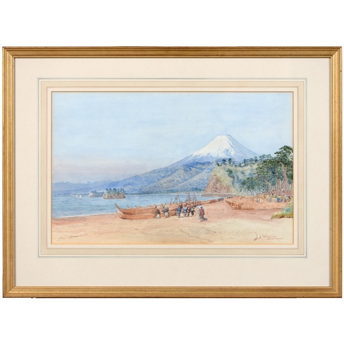 458 - Bunsai Loki (1863-1906) - Lake Scene with Mount Fuji, signed and inscribed Nikko, watercolour, 31 x ... 