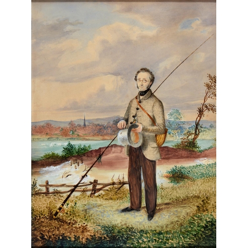 468 - British Naive Artist, 19th c - Portrait of a Fisherman by a Weir, a Church Steeple Beyond, watercolo... 