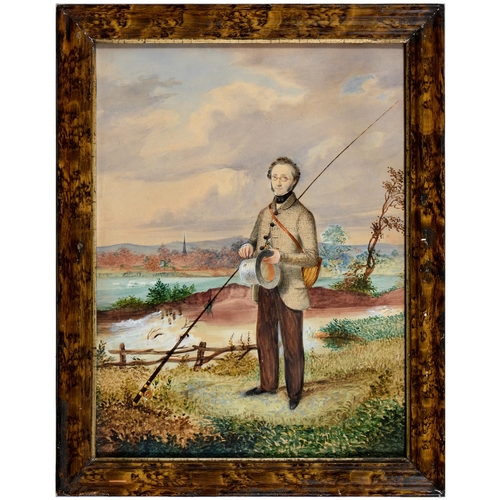 468 - British Naive Artist, 19th c - Portrait of a Fisherman by a Weir, a Church Steeple Beyond, watercolo... 