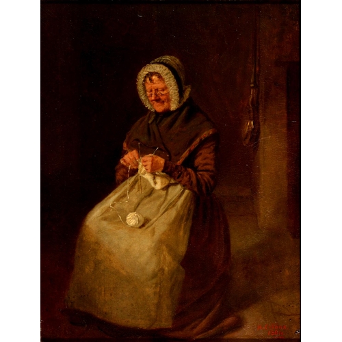 469 - Hugh Collins of Dundee (c.1834-c.1896) - An Old Woman at her Knitting, signed and dated 1864, oil on... 