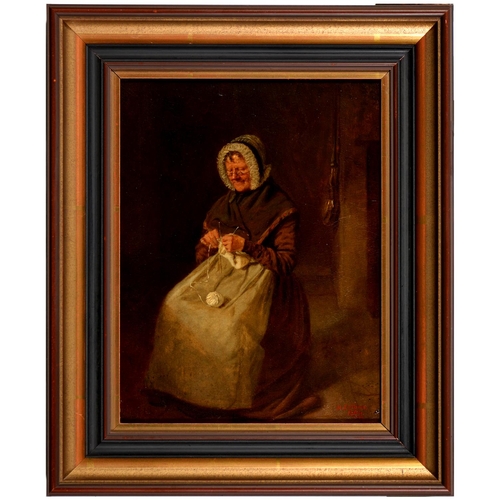 469 - Hugh Collins of Dundee (c.1834-c.1896) - An Old Woman at her Knitting, signed and dated 1864, oil on... 