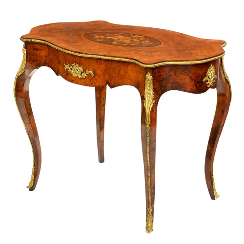 497 - A Victorian serpentine walnut, marquetry and kingwood centre table, with gilt lacquered brass mounts... 