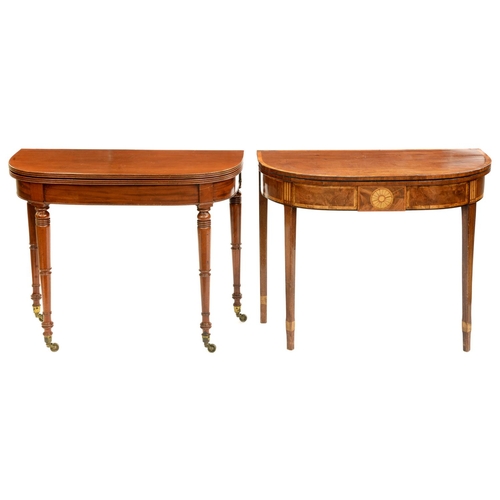 503 - A George III D-shaped mahogany crossbanded and inlaid tea table and a plainer, slightly later exampl... 
