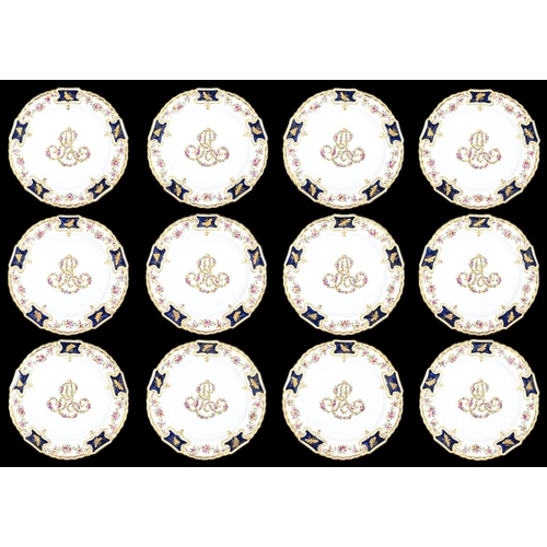 51 - Royal. A set of twelve Copeland dessert plates, 1889, of Mecklenburg-Strelitz pattern, painted to th... 