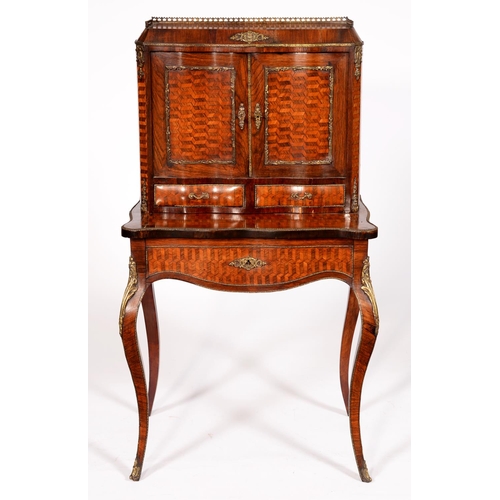 528 - A French kingwood, tulipwood and cube parquetry bonheur du jour, late 19th c, in Louis XV style, wit... 