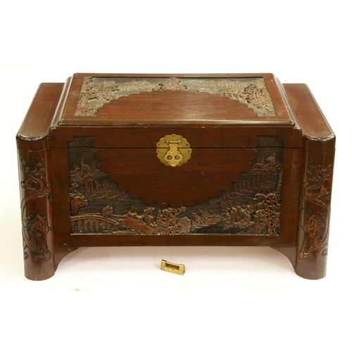 534 - A Chinese carved camphor wood chest, circa mid 20th c, 56cm h; 50 x 100cm