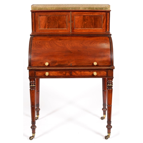 535 - A George IV brass mounted mahogany cylinder bureau, W Priest London, the galleried superstructure wi... 