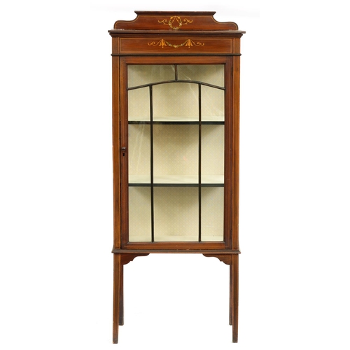 537 - An Edwardian mahogany china cabinet, painted 'inlay', 144cm h; 30 x 59cm