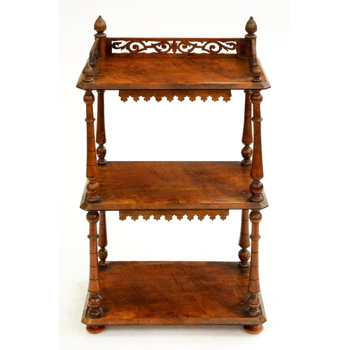 566 - A Victorian walnut whatnot, with fretwork gallery, 93cm h; 36 x 52cm