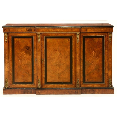 567 - A Victorian inlaid walnut and ebonised breakfront sideboard, mounted with giltmetal, 98cm h; 163 x 3... 