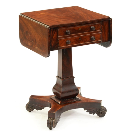 572 - A Victorian mahogany drop leaf work table, on pillar, platform and carved volute feet, 71cm h; 46 x ... 