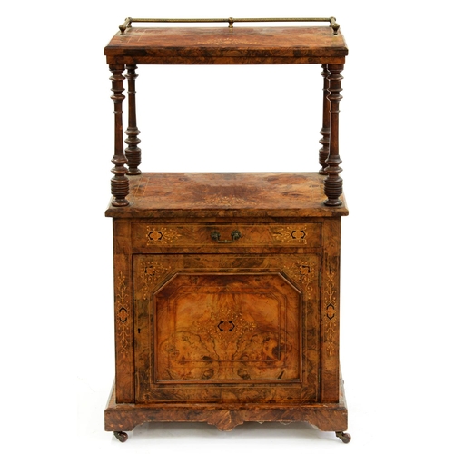 574 - A Victorian inlaid walnut whatnot-music cabinet, with brass gallery, turned uprights and panelled do... 