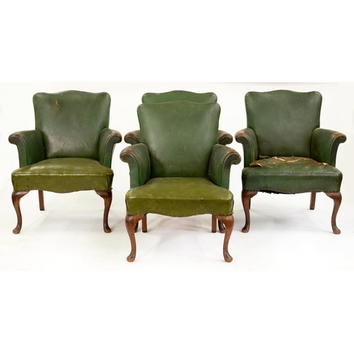 586 - A set of four armchairs, second quarter 20th c, in George II style, covered in brass nailed green co... 