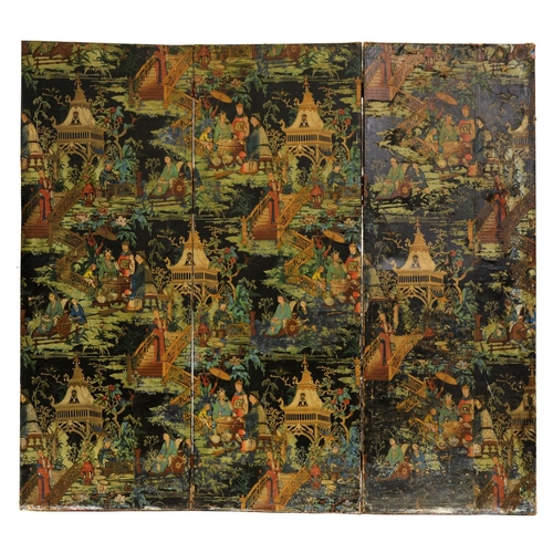 595 - A chinoiserie papered canvas screen, early 20th c, double sided, 196cm h, 215cm l