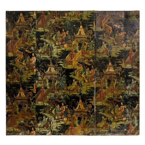 595 - A chinoiserie papered canvas screen, early 20th c, double sided, 196cm h, 215cm l