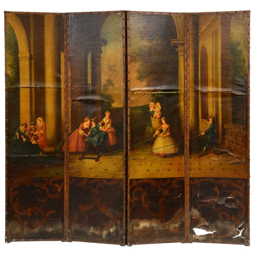 596 - A Dutch painted leather screen, late 19th / early 20th c, of four leaves with a continuous 18th cent... 