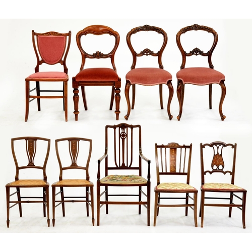 598 - A pair of carved walnut Victorian dining chairs, an inlaid mahogany elbow chair and six others... 