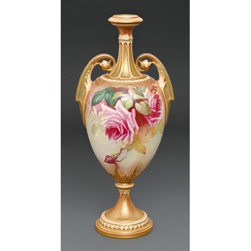 67 - A Royal Worcester vase, 1909, painted by W E Jarman, signed, with Hadley roses, 30cm h, green printe... 