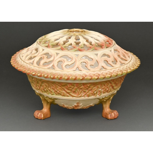 68 - A Royal Worcester pot pourri bowl and cover, c1910, decorated in a bronzed green and shaded apricot ... 