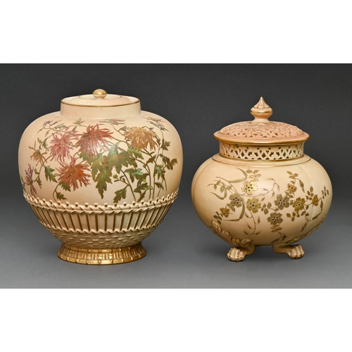 69 - A Grainger's Worcester three footed globe pot pourri vase, cover and inner cover, 1899, decorated in... 