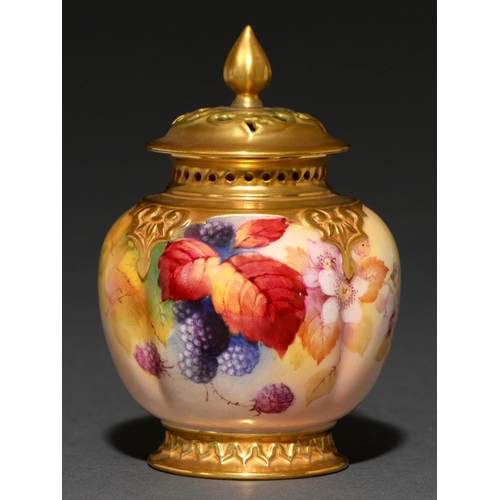 74 - A Royal Worcester globular pot pourri vase and cover, 1924, painted by K Blake, signed, with blackbe... 