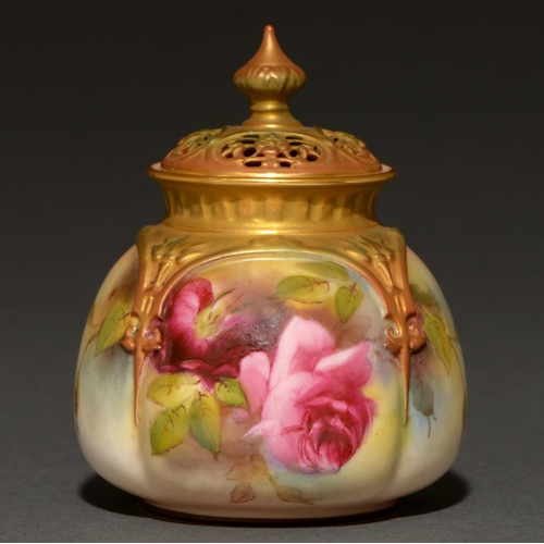 75 - A Royal Worcester sack shaped pot pourri jar and cover, 1904, painted with Hadley roses, 11cm h, puc... 