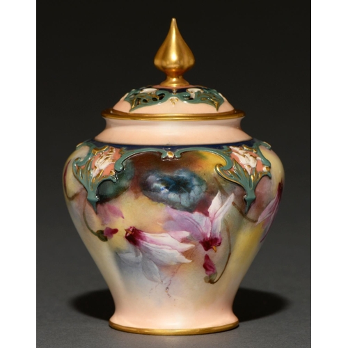 76 - A Royal Worcester Hadley Ware pot pourri vase and cover, 1905, painted with flowers, 13cm h, green p... 