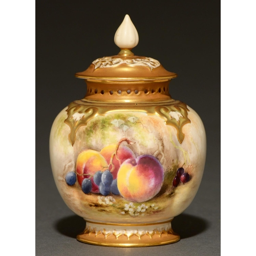 77 - A Royal Worcester globular pot pourri vase and cover, 1918, painted with fruit and blossom, 13cm h, ... 