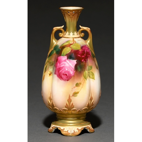 79 - A Royal Worcester vase, c1910, of lobed ovoid shape, painted by H Austin, signed, with Hadley roses,... 