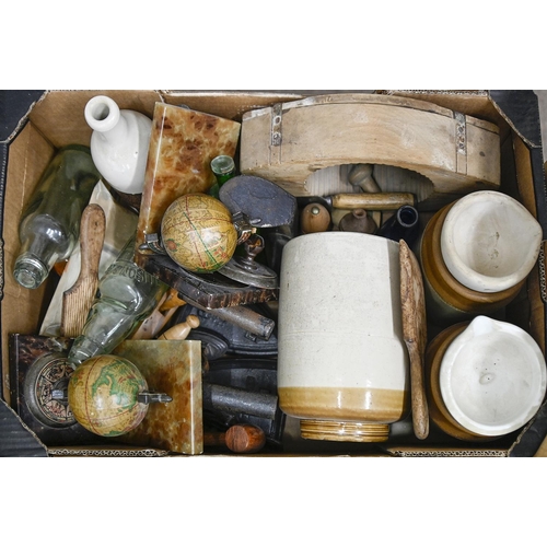 835 - Miscellaneous bygones, including antique bottles, stoneware jars, nut cracks etc