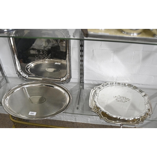 839 - Three EPNS salvers and an oval dish, second quarter 20th c, largest salver 36 x 36cm... 