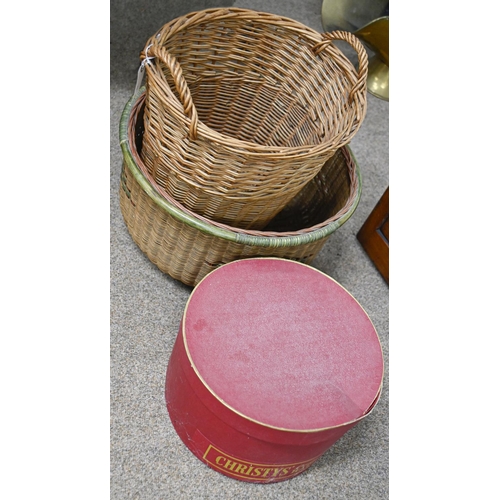 845 - A Panama hat, size 7 57M, in fitted card box, by Christy's London and two wicker laundry baskets... 