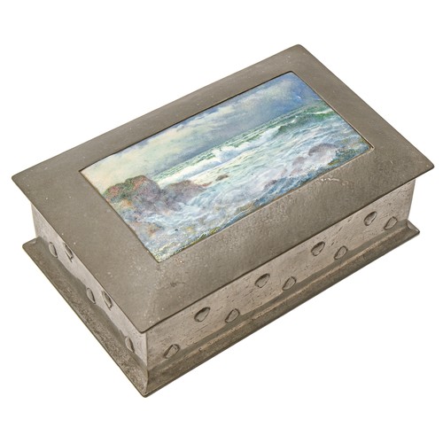 161 - Liberty & Co. A pewter box, c1900, the domed lid with a painted enamel of waves breaking on a ro... 