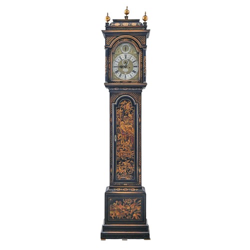 363 - A George II japanned eight day longcase clock, John Davis Windsor, the breakarched brass dial with m... 