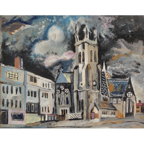 432 - Claude Paice (Fl. mid 20th c) - Church under a Stormy Sky, signed, mixed media on board, 43 x 44cm... 